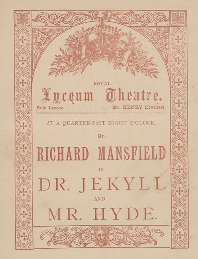 Reklamní kartička pro divadlo Lyceum, Dr. Jekyll a pan Hyde s Richardem Mansfieldem v hlavní roli od English School