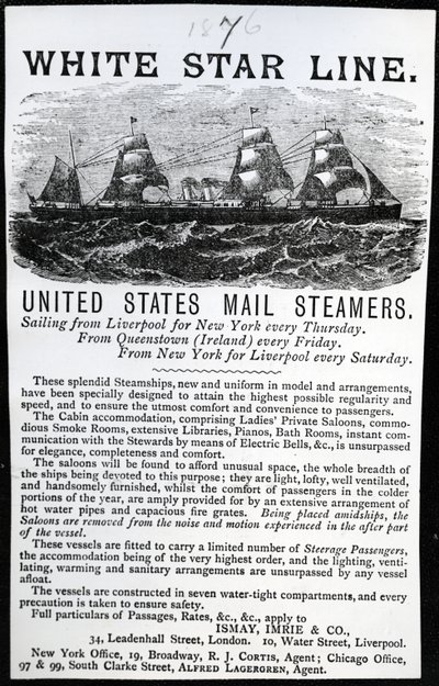 Reklama na White Star Line, 1876 (tištěný papír) od English School
