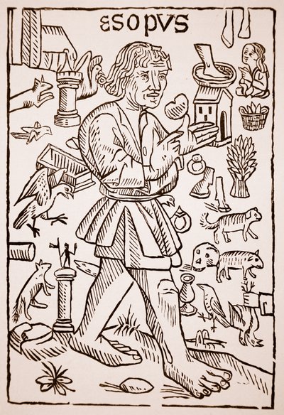 Ezop, přední díl Ezopových bajek od Williama Caxtona (asi 1422-91), 1434 (sépiová fotografie) od English School