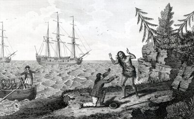 Ovlivňující rozhovor dvou mužů Mokito, ilustrace převzata z Moores Voyages and Travels, 1778 od English School