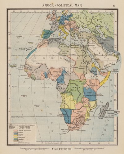 Afrika, politická mapa (barevná litografie) od English School