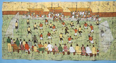 Africká batika zobrazující fotbalový zápas s davy diváků na tribunách (textil) od English School