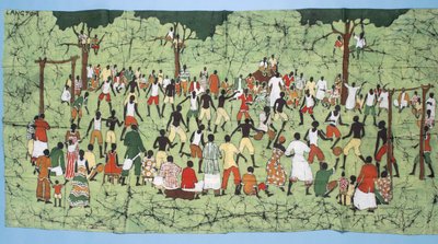 Africká batika, ilustrace a fotbalový zápas s přihlížejícími diváky (textil) od English School