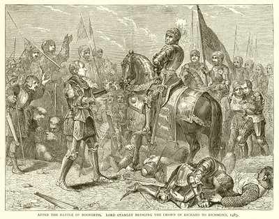 Po bitvě u Bosworthu. Lord Stanley přináší Richardovu korunu do Richmondu, 1483 od English School