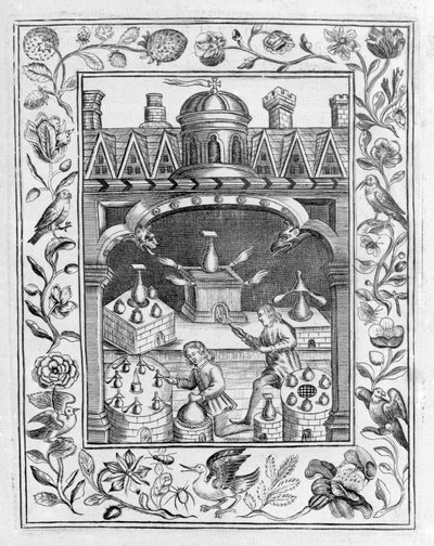 Alchymistická laboratoř ukazující různé formy pecí a nádob, převzato z Theatrum Chemicum Britannicum od Eliase Ashmole, 1652 od English School