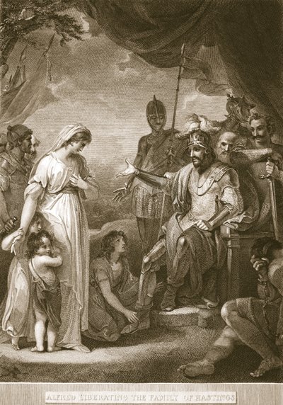 Alfred osvobozující rodinu Hastingsů, ilustrace od Davida Humese Historie Anglie, hospoda. od R. Bowyera, Londýn, 1812 od English School