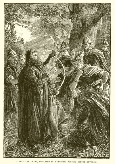 Alfréd Veliký, převlečený za harfeníka, hrající před Guthrumem od English School