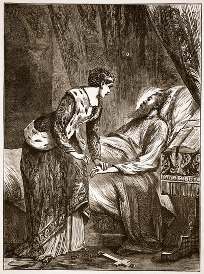 Alice Perrersová u smrtelného lože Eduarda III., ilustrace z Cassells Illustrated History of England (sépiová fotografie) od English School