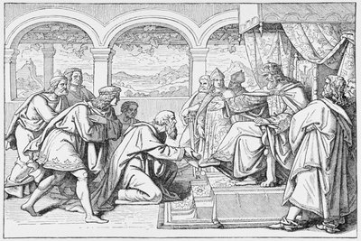 Velvyslanci Harouna al Raschida (asi 766-809) před Karlem Velikým (768-814), z Historie Francie, Emile de Bonnechose, vydal Ward, Lock and Co, Londýn od English School