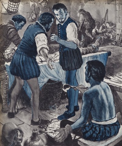 Ambroise Pare, vojenský chirurg, když došel olej (litho) od English School