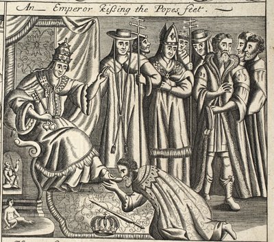 Císař líbající papežovy nohy, ilustrace z Acts and Monuments od Johna Foxe, deváté vydání, pub. 1684 od English School