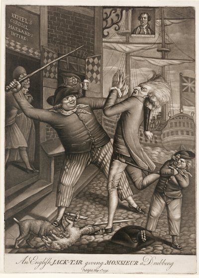 Anglický Jack-Tar dává Monsieur a Drubbing, pub. 1779 (mezzotinta) od English School