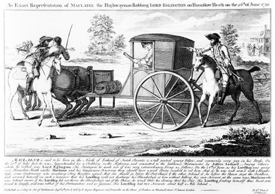 Přesná reprezentace Maclaina Loupežníka okrádajícího lorda Eglingtona na Hounslow Heath dne 26. června 1750, tisk Charles Mosley, 1750 od English School