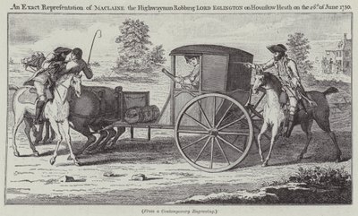 Přesná reprezentace Maclaina Highwayman okrádajícího lorda Eglingtona na Hounslow Heath dne 26. června 1750 (rytina) od English School