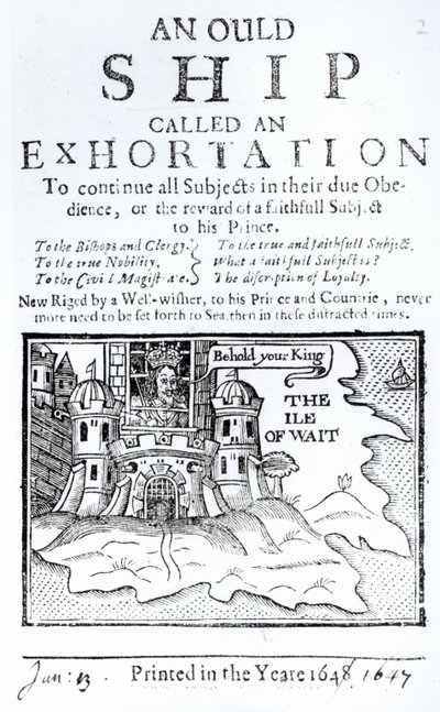 Ould Ship called an Exhortation, Karel I. uvězněný na hradě Carisbrooke na ostrově Wight, cca 1647 od English School