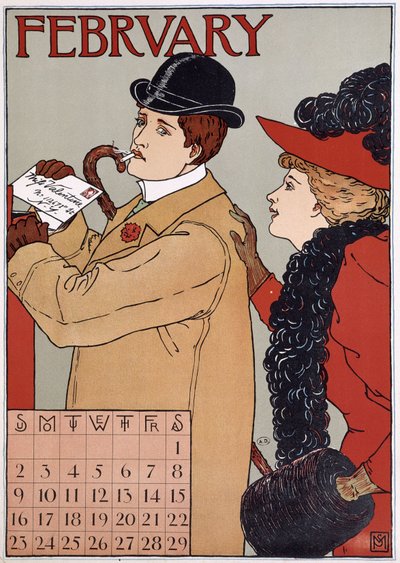 Elegantní pár (muž posílá dopis), obrázek anglického kalendáře, měsíc únor, n. d. koncem 19. století. od English School