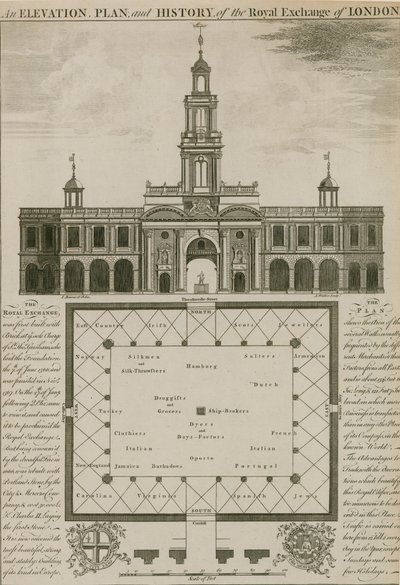 Výška, plán a historie Royal Exchange, Londýn od English School