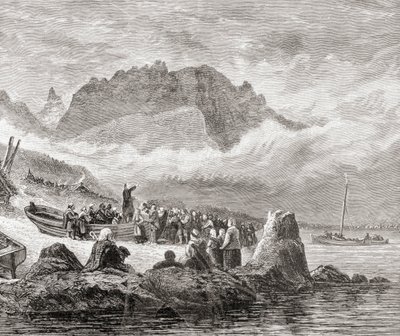 Mše pod širým nebem na ostrově Skye, Vnitřní Hebridy, z knihy "Scottish Pictures Drawn with Pen and Pencil" od Samuela G. Greena, vydané v roce 1886. od English School