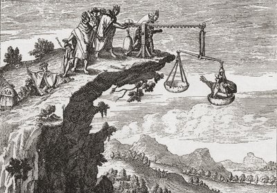 Neobvyklá metoda vymáhání přiznání od zločinců podle kresby Theodora de Bry ze 16. století. Scéna ukazuje zločince, jak sedí na vahách nespravedlnosti, zatímco kněz se sklání nad propastí a je připraven přijmout zpověď. Presumabl od English School