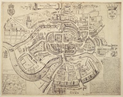 Mapa starověkého města Bristolu a jeho předměstí, vytištěná, barevná a prodávaná Robertem Waltonem od English School