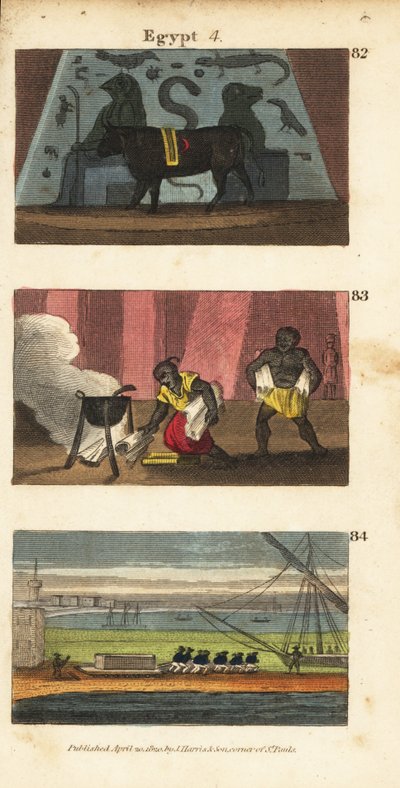 Starověký egyptský idol Osiris jako vůl 82, Omar Saracén vypalující knihovnu Ptolemaia Sotera v roce 642 83 a Napoleonova vojska odnášející hrob Alexandra 84 od English School