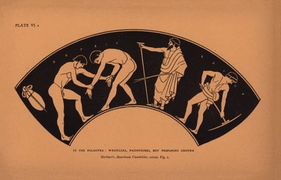 Vzdělání ve starověkém Řecku: V Palaistře, Zápasníci, Paidotribes, chlapec připravující půdu (litografie) od English School