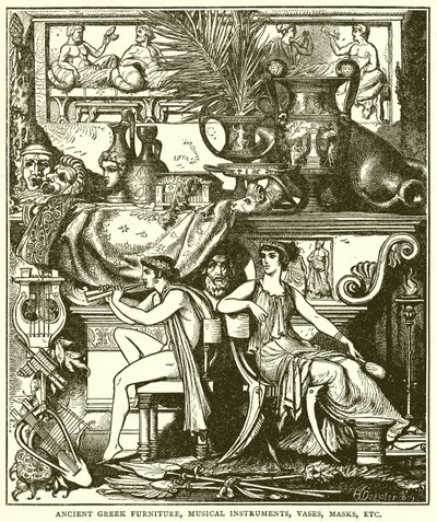 Starověký řecký nábytek, hudební nástroje, vázy, masky atd. (rytina) od English School