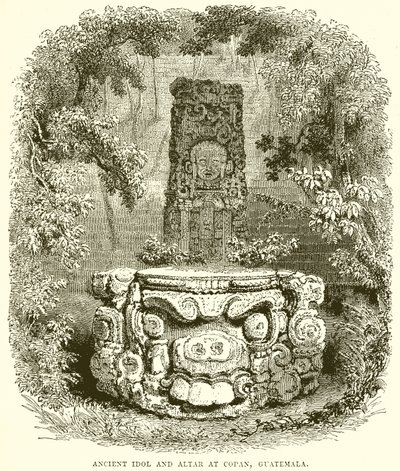 Starověký Idol a oltář v Copan, Guatemala od English School