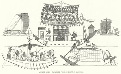 Starověké lodě, fac-simile z egyptské malby (rytina) od English School