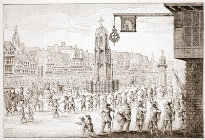 Starověký pohled na Cheapside, z La Serres Entree de la Revne Mere du Roy, ukazující procesí Marie Medicejské od English School