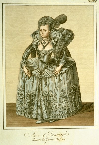Anna Dánská (1574-1619), manželka Jakuba I., ilustrace z Úplný pohled na šaty a zvyky anglického lidu, svazek II, vydané 1799 od English School
