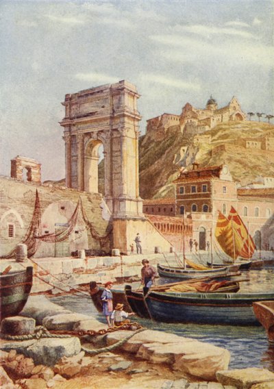 Trajanův oblouk a přístav Ancona, Itálie (barevné lito) od English School