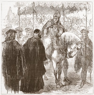 Arcibiskup Arundel v Oxfordu, ilustrace z Historie protestantismu od Jamese Aitkena Wylie (1808-1890), hospoda. 1878 od English School