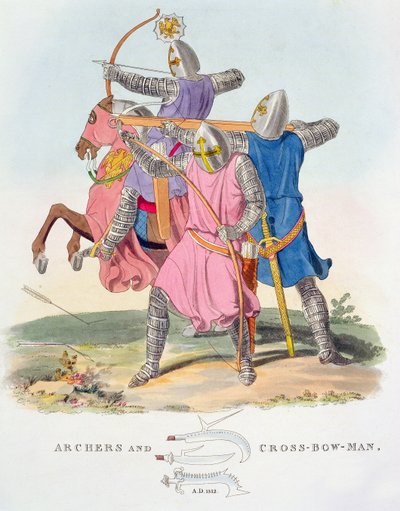 Lučištníci a lučištník s kuší, 1312, z knihy Ancient Armour od Samuela Rushe Meryricka, 1824 od English School