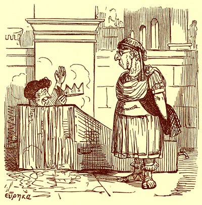 Archimedes se teplou koupel, ilustrace z Komiksové historie Říma od Gilberta Abbotta a Becketta, vydaná kolem roku 1850 (digitálně vylepšený obrázek) od English School