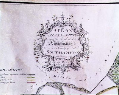 Archiv 5629 Popisná kartuše z mapy „Plán Hallových a Pittových farem ve farnosti Mitchelmarsh v hrabství Southampton, majetek pana W. Goffea, Richard Randall, Land Surveyor“ od English School