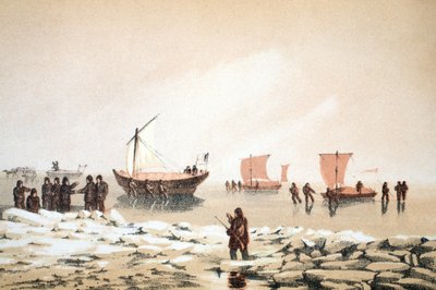 Arctic Travelling, ilustrace z Voyage to Baffins Bay a Barrow Straits..., 1852 (ručně kolorovaná rytina) od English School