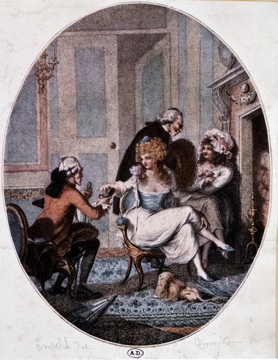 Aristokratka a lék ve společnosti prostitutek - anglická rytina od English School