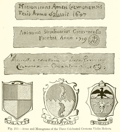 Paže a monogramy tří slavných cremonských houslařů od English School