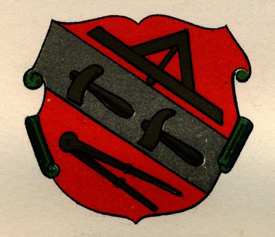 Arms of the Stone Masons of Strasburg, od The History of Freemasonry, svazek II, publikoval Thomas C. Jack, Londýn, 1883 od English School