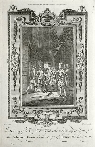 Zatčení Guye Fawkese za pokus vyhodit do povětří budovy parlamentu v spiknutí střelného prachu, 5. listopadu 1605 (rytina) od English School