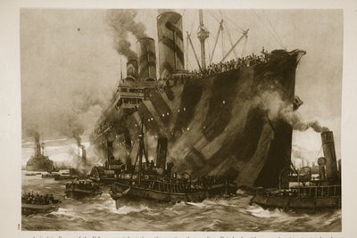 Příjezd americké dopravní lodi Leviathan, někdejšího německého parníku Vaterland, s 12 000 americkými vojáky na palubě, do Francie, 1914-19 od English School