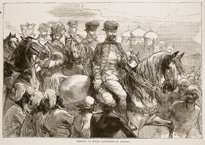 Příjezd majora Lawrence do Coilady, ilustrace z Cassells Illustrated History of India od Jamese Granta, hospoda. 1879 od English School