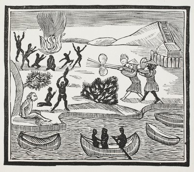 Arrival of Savages with Christian Prisoner, ilustrace z Chap-books of the Eighteenth Century od Johna Ashtona, hospoda. 1882 od English School