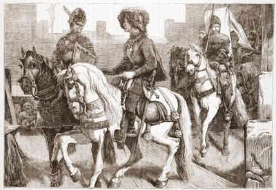 Příjezd husitských poslanců do Basileje, ilustrace z Dějin protestantismu od Jamese Aitkena Wylie (1808-1890), nakl. 1878 od English School