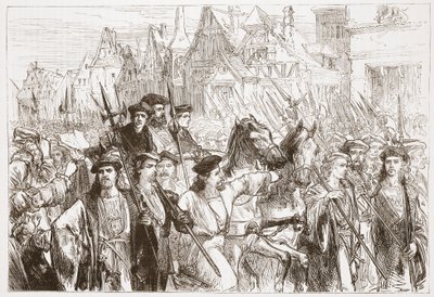Příjezd wittemberských teologů do Lipska, ilustrace z Dějin protestantismu od Jamese Aitkena Wylie (1808-1890), hospoda. 1878 od English School