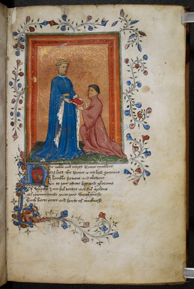 Arundel 38 f.37 Thomas Hoccleve představuje svou knihu „Regement of Princes“ princi z Walesu (později Jindřich V.) c.1411-13 (pero a inkoust a tempera na pergamenu) (viz také 10048) od English School