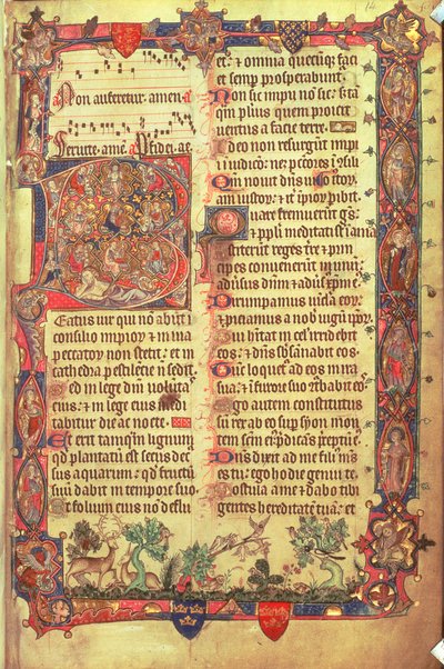 Arundel 83 f.14 Jeleni a ptáci, z Arundel Psalter, c.1310 (vellum) od English School