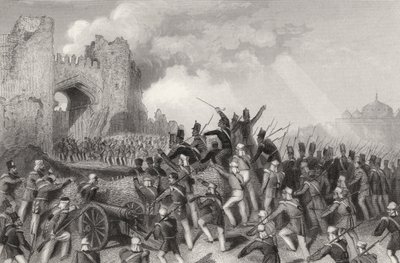Útok na Dillí a dobytí brány Kašmíru 14. září 1857 z „Historie indické vzpoury“ vydané v roce 1858 od English School