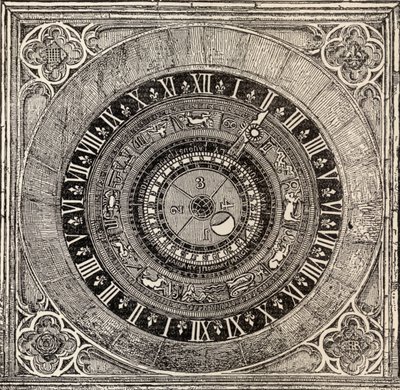 Orloj v paláci Hampton Court, z Historie paláce Hampton Court v Tudor Times od Ernesta Lawa, publikoval Londýn 1885 od English School